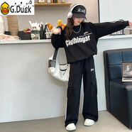 G.DUCKKIDS女童秋裝套裝2025新款女大童韓版休閑運動裝春秋季兒童裝女孩衣服 黑色 120 cm