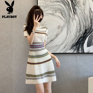 花花公子（PLAYBOY）2025新款短袖氣質(zhì)橫條紋連衣裙小香風(fēng)冰絲收腰顯瘦針織連衣裙 圖片色 條紋連衣裙 S 建議85斤-95斤