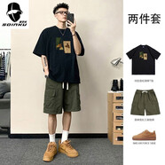 Soinku潮型庫100%純棉短袖短褲套裝男裝夏季寬松兩件套潮流青少年工裝褲 純棉黑色短袖+軍綠色短褲【兩件裝】 M  建議80-105斤