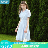 艾蓓怡（I BELIEVE YOU）法式藍(lán)色V領(lǐng)泡泡短袖純棉溫柔碎花連衣裙女2024夏季新款氣質(zhì)顯瘦 天藍(lán)色 XL
