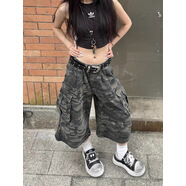 風(fēng)采兔 迷彩牛仔七分褲女2025新款寬松工裝褲設(shè)計感中褲休閑百搭短褲子 迷彩 S
