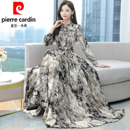 皮爾卡丹（pierre cardin）氣質(zhì)雪紡連衣裙女早秋季大l碼遮肚顯瘦歐貨印花裙子 杏色 【歐洲站女裝歐貨潮】 XL 【115-125斤】【時(shí)尚洋氣減齡