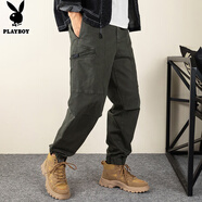 花花公子（PLAYBOY）工裝褲男春夏季褲子男寬松休閑褲男士潮流束腳男褲 軍綠 XL