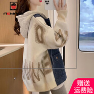 AEMAPE外套女2025春秋季新款衛(wèi)衣連帽牛仔拼接毛衣短外套女 米白色 L _90-120斤