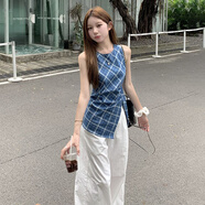 西遇（Westlink）格子無袖上衣女2025年夏季新款不規(guī)則下擺設(shè)計(jì)感藍(lán)色收腰襯衣 藍(lán)色 S