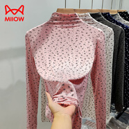 貓人（MiiOW）莫代爾半高領(lǐng)打底衫女秋季薄款內(nèi)搭長袖碎花T恤休閑大碼顯瘦上衣 粉色 L (建議80-110斤)