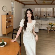 小野七天法式蕾絲拼接方領(lǐng)連衣裙女夏季溫柔風(fēng)氣質(zhì)收腰顯瘦A字包臀裙長(cháng)裙 白灰色 M