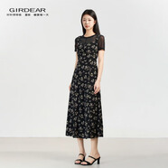 哥弟（GIRDEAR）女裝新款顯瘦女連衣裙一秒入夏法式長裙碎花氣質(zhì)時尚裙子150028 黑色雛菊(冰感垂感面料) S