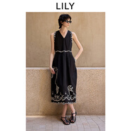 LILY2025夏新款女裝復古波西米亞風(fēng)棉麻飛鳥(niǎo)繡花無(wú)袖連衣裙小黑裙 510黑 S