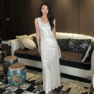 花影妖妖提花真絲冠樂(lè )縐背心連衣裙圓領(lǐng)斜裁修身顯瘦包臀魚(yú)尾長(cháng)裙夏M50113 米白色 2XL