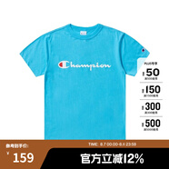 Champion夏季經(jīng)典款印花草寫LOGO圓領(lǐng)休閑運動T恤無性別冠軍短袖男女情侶 湖藍(lán)色 M