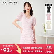 西遇V領(lǐng)泡泡袖連衣裙女2025年早夏新款法式褶皺收腰修身包臀裙子 粉色 M