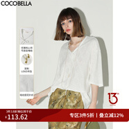 COCOBELLA鏤空提花V領系帶五分袖針織衫女純色系上衣TS3002-3 白色 M