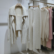 HUALIN FASHION仿貂絨鹽系針織三件套女秋冬感毛衣套裝系帶穿搭 米白色 均碼 -919款水貂絨綁腰帶三件套