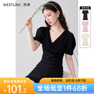 西遇V領(lǐng)泡泡袖連衣裙女2024年早夏新款法式褶皺收腰修身包臀裙子 黑色 S