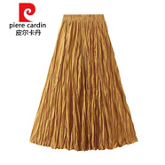 皮爾卡丹（pierre cardin）輕奢流光壓褶半身裙女春秋新款歐洲站大擺顯瘦褶皺A字裙針織 黃色 均碼