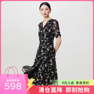 敦奴（DUNNU）dunnu敦奴2024夏季新款中長款法式V領(lǐng)雪紡印花連衣裙女 正黑色 2XL