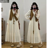 歐絲婕（OUSIJIE）大碼女裝胖mm春秋新款長袖連衣裙馬甲文藝寬松顯瘦時尚套裝女 長袖套裝 M