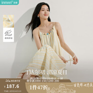茵曼（INMAN）度假風(fēng)條紋印花串珠吊帶裙2025夏季女裝新品寬松中長款連衣裙 黃藍(lán)條 XL