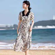 燕潯2025夏季新款連衣裙女裝時(shí)尚休閑氣質(zhì)優(yōu)雅木耳邊氣質(zhì)百搭裙子夏天 米底黑花（有內(nèi)襯） S