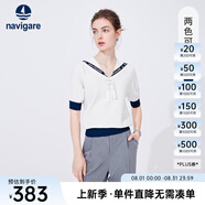 Navigare意大利小帆船翻領T恤女士夏季時尚五分袖針織衫條紋百搭休閑上衣 科技白/蘭 M 碼