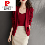 皮爾卡丹（pierre cardin）針織韓版毛衣外套女薄款配吊帶上衣開(kāi)衫衫兩件裝早秋修身長(cháng)袖外搭 紅色 S