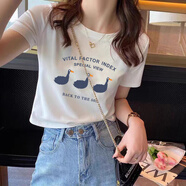 以純（YISHion）白色短款t恤女純棉短袖夏裝寬松2025新款減齡洋氣短裝體恤上衣潮 白色(三只小鴨款) L (建議100-115斤)