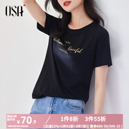 歐莎（OSA）白色字母短袖t恤女夏裝2025年新款設(shè)計(jì)感小眾衣服短款體恤上衣 黑色 S