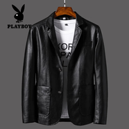 花花公子（PLAYBOY）西裝男士春秋冬季新款商務(wù)休閑中年爸爸裝男外套夾克皮西服大碼 黑色小西服皮衣 薄款 XL 135-145斤