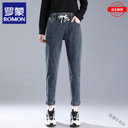 羅蒙（ROMON）高腰加絨哈倫牛仔褲女冬新款寬松蘿卜大碼松緊老爹褲子秋 100%高品質(zhì)-藍灰【單款】-女裝十 26 【建議80-90斤】
