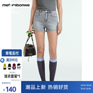 美特斯邦威褲子女2025夏季新款舒適遮胯顯瘦工裝復古水洗牛仔短褲 牛仔復古藍 L 165 72A