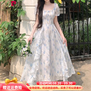 皮爾卡丹大碼法式溫柔仙女碎花方領(lǐng)連衣裙女夏季胖mm收腰顯瘦氣質(zhì)優(yōu)雅長(cháng)裙 藍色 （卡碼拍大） 4XL 170~200斤