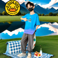 G.DUCKKIDS品牌童裝男童夏裝短袖套裝夏季衣服長褲兩件套男孩休閑中大童t恤 三色笑臉套裝 藍色 150