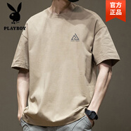 花花公子（PLAYBOY）品牌重磅純棉短袖t恤男夏季寬松休閑圓領(lǐng)美式半袖體恤潮牌上衣男 旗艦官方精品】卡其色純棉短袖-2445 L 【建議125-145斤】