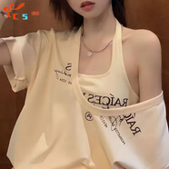 CS.LION純辣妹小心機疊穿兩件套女夏季新款寬松設(shè)計感T恤+吊帶背心套裝女 杏色【辣妹疊穿兩件套】 L  106-120斤