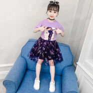 金布?。↗INBUDING）夏季女童連衣裙兒童夏裝新款公主裙中大童小女孩韓版時(shí)尚紗裙小女 迷彩套裙紫色 150 適合身高140cm