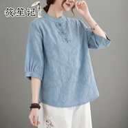 筱笙記復古盤(pán)口棉麻中袖襯衫中式立領(lǐng)上衣T恤夏季大碼亞麻胖MM小衫女裝 淺藍色 2XL 【160-180斤】