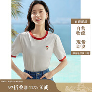 茵曼涼感撞色繡花女裝正肩短袖t恤2025夏季新品打底衫上衣 珍珠白1 M
