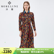 商場同款沐蘭復古連衣裙女2022秋冬新款減齡修身翻領(lǐng)加厚過膝中長裙 紅黃花 S 36