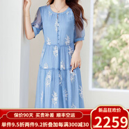 歐迪鳥（ODYBIRD）重工刺繡真絲連衣裙女2025夏季新款撞色繡花圓領(lǐng)媽媽顯瘦裙子 牛仔藍(lán) L