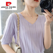 皮爾卡丹（pierre cardin）品牌短袖針織T恤女25年夏季新款高腰V領(lǐng)T恤女短款寬松純棉 淡紫色 S