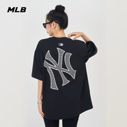 MLB 男女情侶運(yùn)動(dòng)圓領(lǐng)T恤大logo閃粉寬松短袖TSX01 紐約洋基隊(duì)/黑色 M