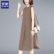 羅蒙（ROMON）棉麻連衣裙女?huà)寢屜募?025新款韓版寬松顯瘦百搭遮肚純色氣質(zhì)裙子 卡其色 M 建議80-100
