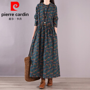 皮爾卡丹春秋季新款碎花亞麻長(cháng)裙民族風(fēng)加絨加厚大碼顯瘦棉麻長(cháng)袖連衣裙女 綠色 常規/春秋款 M 【建議85-110斤】