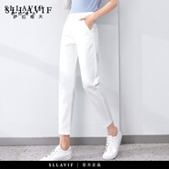 薩拉維夫高爾夫牛仔褲女白色時(shí)尚寬松高腰小個(gè)子九分春夏直筒老爹哈倫褲 白色_九分 均碼 30/2XL