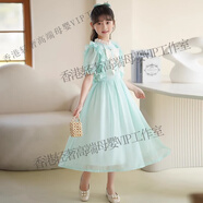 DOMIAMIA女童連衣裙夏季新款洋氣雪紡裙子中大童女孩長(zhǎng)款泡泡袖公主裙 淺青色 110 cm