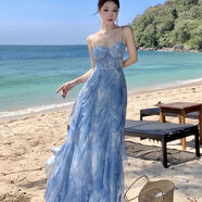 芳透沙灘裙女海邊度假長(cháng)裙三亞連衣裙夏季沙灘旅游女吊帶女裝絕美海島 吊帶裙 單件 L  建議100-120斤