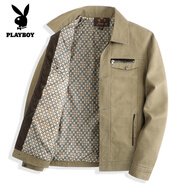 花花公子（PLAYBOY）爸爸裝春秋純棉夾克衫中年男士立領寬松外套秋裝男40-50歲薄上衣 【翻領紐扣】卡其 兩個內(nèi)口袋 M 170【建議95-110斤】