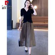 皮爾卡丹（pierre cardin）時(shí)尚女裝夏裝洋氣短袖上衣夏季2025時(shí)髦網(wǎng)紗半身裙子兩件套套裝裝 黑色上衣+咖啡裙【兩件套 套裝】 M 【建議95斤以?xún)取?
                                         title=
