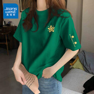 真維斯（JEANSWEST）純棉短袖女夏季2025新款休閑百搭半袖體恤衫女士潮流t恤女上衣服 墨綠 格紋幸運星_K-格紋幸運星袖 2XL